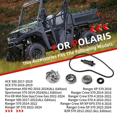 Top Shelf Badass High Performance Water Pump Impeller and Shaft Assembly with Bearing Seal Kit Replacement for UTV view with parts for Polaris models.