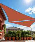 Rust Red Triangle Shade Sail 10x10x10 Outdoor Canopy For Patio Garden Backyard UV Block Fade Resistant Breathable Mesh installed