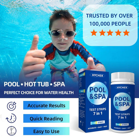 7 In 1 Pool Test Strips 150 Count Hot Tub And Spa Water Tester with boy underwater giving a thumbs up.