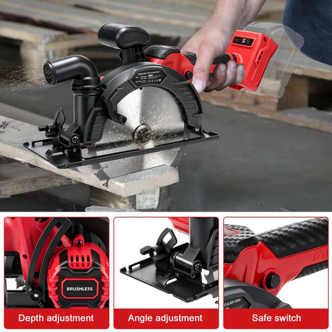 Badass Six Point Five Inch Cordless Circular Saw With Brushless Bldc Motor 1100 Watt 6200 Rpm showing depth and angle adjustment features