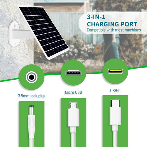 Solid 8W Solar Panel Charger With Integrated 13200Mah Power Bank showing 3-in-1 charging ports: 3.5mm jack, micro USB, and USB-C.