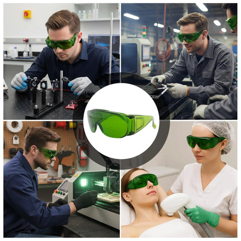 Heavy Duty Laser Safety Goggles Delivering Serious Eye Protection Against Hazardous Beams For Welding Marking Cleaning And Machine Shops Featuring Real Talk Anti Glare Coatings And Polycarbonate Shields That Are Actually Built Different, worn by workers in various applications.