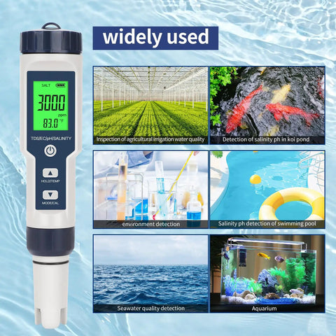Straight Up Precise Digital Pool Water Tester And Salt Salinity Checker on a blue water background with usage examples.