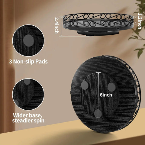 Smooth Spinning Nine Inch Solid Wood Lazy Susan Turntable with wide slip resistant base showing dimensions and non-slip pads.