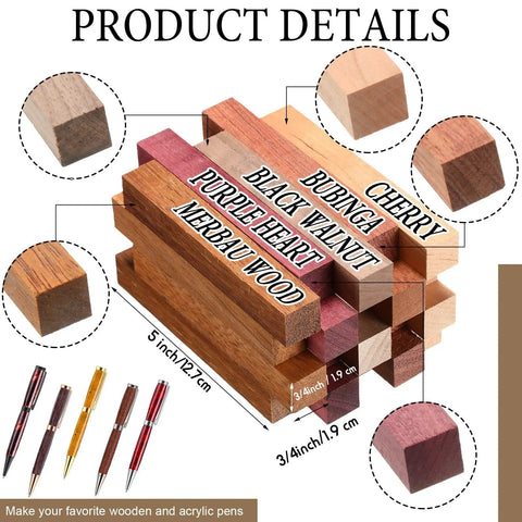 10 Sets Woodturning Pen Kits Starter Package With 7mm Slimline Pen Kits includes hardwood blanks labeled and pen examples.