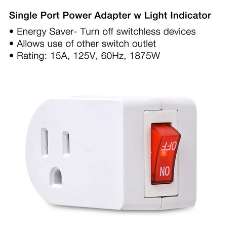 3 Prong Grounded Power Adapter With Red Indicator On Off Switch, single port view, white color, visible red switch