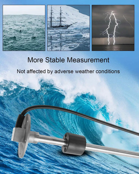 Heavy Duty Rock Solid 18 Inch Marine Fuel Sending Unit With Precision Float Gauge 240 To 33 Ohm Range amidst ocean waves.