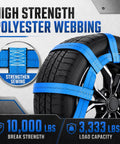 Heavy Duty Tow Dolly Basket Straps With Flat Hook 10000 Lbs Break Strength securing tire with blue polyester webbing.