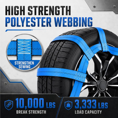Heavy Duty Tow Dolly Basket Straps With Flat Hook 10000 Lbs Break Strength securing tire with blue polyester webbing.