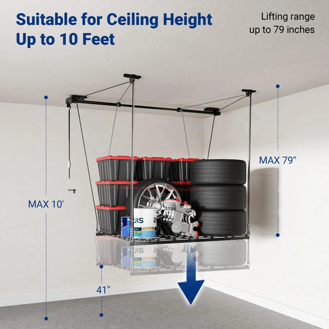 Heavy Duty Overhead Garage Storage Rack 4X4 Ft Ceiling Hoist System Adjustable Metal Organizer Holds Up To 350 Pounds showcasing ceiling height up to 10 feet.