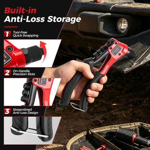 No Brainer One Hand Pop Rivet Gun With Quick Swap Nosepiece And Lockdown Storage Built For Rough Auto Fabrication and Sheet Metal Repair. Close-up of ergonomic handle showing anti-loss storage.