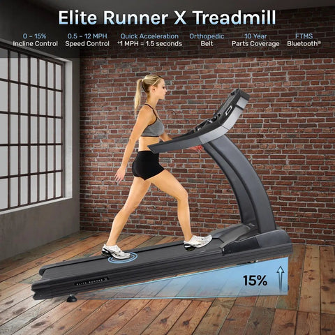 Elite Runner X Treadmill For Marathon Training Commercial Grade Cardio Machine FreeSync FTMS Bluetooth 4 HP Motor Large Ortho Flex Shock Deck Built Like A Tank Heavy Duty Construction 400 Lb Capacity in use