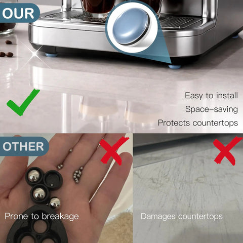 Self Adhesive Appliance Sliders 24 Pack showing glide pads under an espresso machine, protecting a countertop from damage.