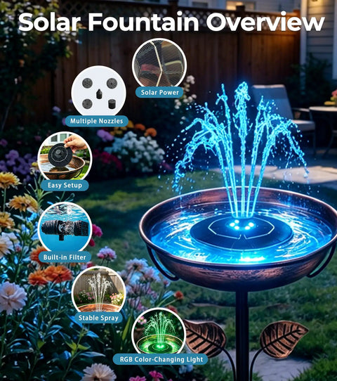 Solar Bird Bath Fountain With LED Lights And Battery Backup No Fuss Floating 6.3 Inch Pump for pond garden with 9V2W panel