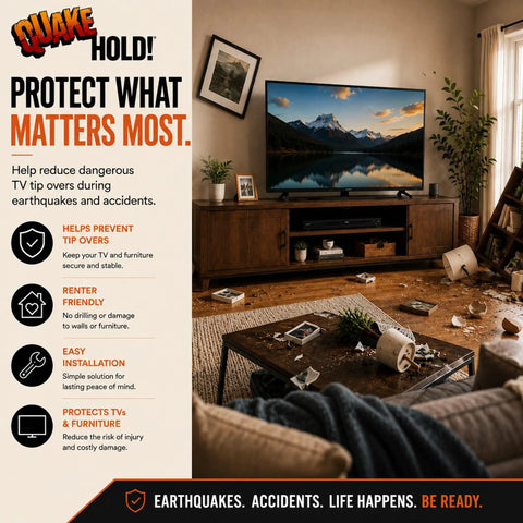 Living room setup showing Heavy Duty Furniture Strap Kit With Antique Brown Nylon Webbing And Rugged Steel Brackets To Lock Down Hefty Dressers And Keep Things Square Against Wild Shifts For Pro Anti Tip Anchor Safety.