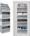 Crush Your Household Grind With This Solid Over The Door Organizer Sporting Four Heavy Duty Shelves And Four Deep Side Pockets Crafted For Flexible Hanging Storage Featuring Reinforced Hooks That Hold Forty Four Pounds Like A Boss, gray storage rack with mesh pockets.