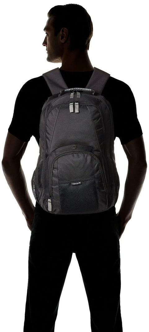 Hustle Hard Laptop Backpack For Up To 17 Inch Machines, water repellent travel daypack shown from behind with padded straps.