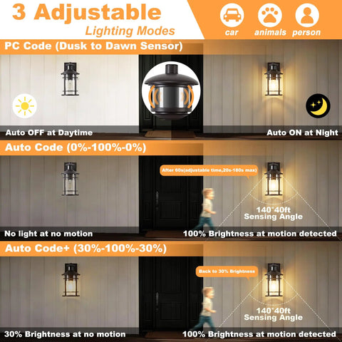 Heavy Duty Motion Sensor Outdoor Wall Lights Dusk To Dawn Porch Light Brown Waterproof Fixture with adjustable modes and sensing range.