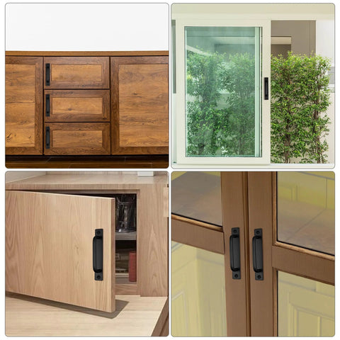 16 Pack Barn Door Handles With Screws For Quick Install, showing black aluminum pulls on cabinet and sliding door, 5.8 inch size