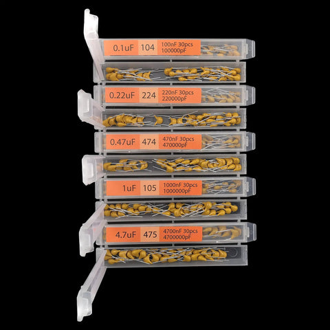 Top Shelf 900 Piece Multilayer Ceramic Capacitor Workhorse Assortment Kit With Snap Lid Drawer and 30 Go To Values from Ten Pico to Ten Micro Farad, arranged in clear plastic bins.