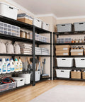 Heavy Duty 5 Tier Wire Shelving Rack With Massive Load Rating For Garage Pantry Kitchen Organization And Commercial Display That Is Legit Bombproof Setup For Your Home Office filled with storage bins and cleaning supplies.