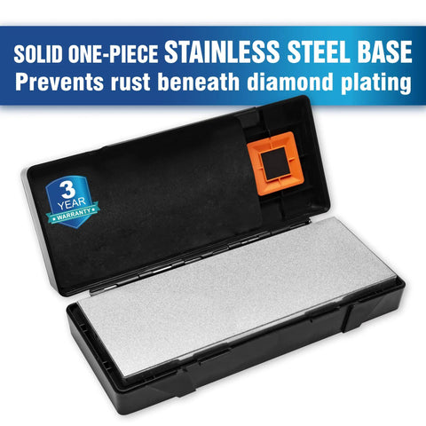 Double Sided Diamond Sharpening Stone With Coarse 325 Grit And Extra Fine 1200 Grit in open case showing stainless steel base