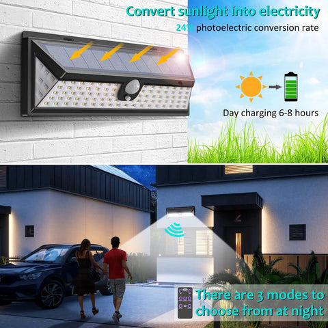Outdoor Solar Motion Sensor Lights with Remote Control Four Modes for Garden Patio showing installation and nighttime use