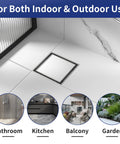Kickass Square Shower Drain Six Inch 304 Stainless Steel Floor Grate shown in bathroom, kitchen, balcony, and garden settings.