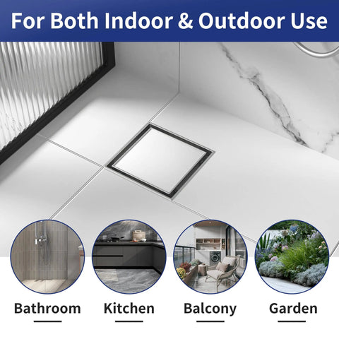 Kickass Square Shower Drain Six Inch 304 Stainless Steel Floor Grate shown in bathroom, kitchen, balcony, and garden settings.