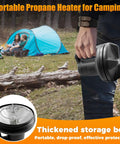 Person holding 8500 BTU Portable Propane Heater for Camping and Outdoors with reinforced base, storage box in background