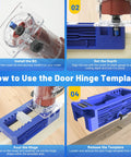 Adjustable Door Hinge Jig And Router Template For 3 To 5 Inch Hinges, step-by-step process using the router bit and jig.