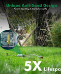 Heavy Duty Oscillating Sprinkler With 18 Brass Nozzles And Stable Metal Base For Big Yards Adjustable Flow Width And Coverage in use on lawn