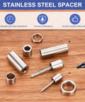 16 Pack 304 Stainless Steel Spacers Unthreaded Round Standoffs With Quarter Inch Inner Bore And Three Eighth Outer Width Half Inch Length Shop Grade Hardware For M6 Fasteners And Weekend Warrior Builds displayed on a wooden surface.