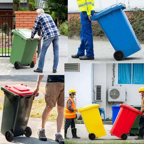 Haul Heavy Bins Like A Boss Without Breaking A Sweat Using This Tough Trash Wheel Replacement Kit Featuring Seven Inch Rubber Garbage Tires 18.8 Hollow Shaft And Quick Axle Swap For Smooth Outdoor Cart Mobility, showing various trash bins and users.