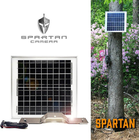 Kickass 15 Watt Solar Panel Tailored For Spartan GoLive 2 And GoLive 3 Trail Cameras mounted on a tree with heavy-duty bracket.