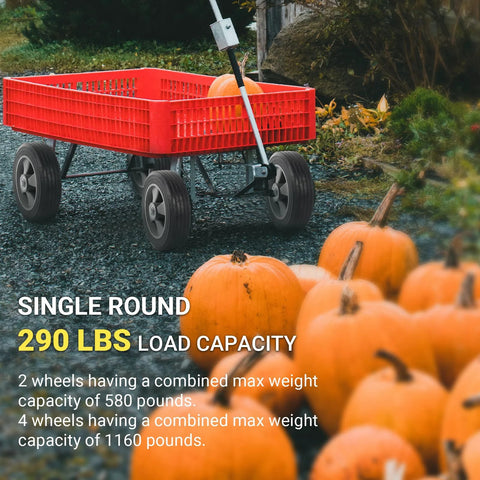 Red garden cart with Two Pack 8 Inch Flat Free Solid Rubber Wheel And Tire Assemblies for hand trucks in garden.