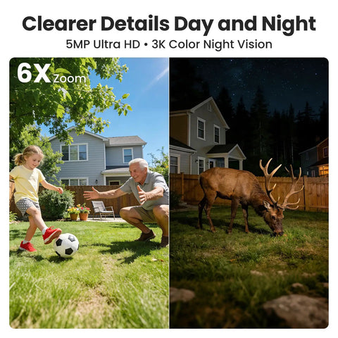 Day and night comparison with child playing soccer and deer at night, showcasing 4 Camera Solar Powered Outdoor Wireless Security Kit With No Subscription 5MP Ultra HD 360 Degree Auto Motion Tracking 3K Color Night Vision Magnifier Zoom 5G And 2.4G Router Compatible.