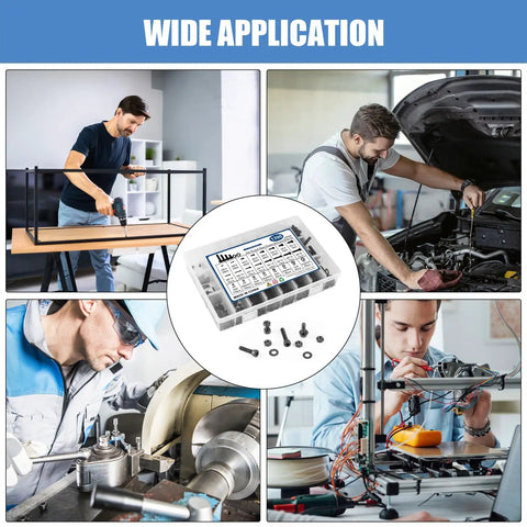 Heavy Gauge Metric Hex Socket Screw Kit With M2 M3 M4 M5 Bolts matching nuts and flat washers displayed during various applications.