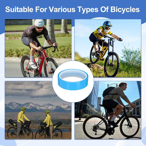 Collage of cyclists on different terrains and Tubeless Rim Tape 25mm By 10m PET Tire Liner For MTB Road Gravel City Touring Bicycles Blue Fitting Puncture Protection And Airtight Seal Durable Rim Protector For Tubeless Wheels Setup Ready.