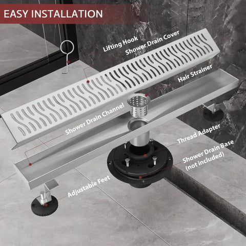 Transform Your Bathroom Game With This Rock Solid 24 Inch Linear Shower Drain Featuring A Brushed Nickel Finish And Serious Flow Capability For Quick Drain Action. Easy installation features shown in the image.