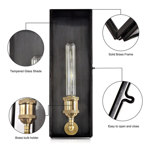 Solid Brass Outdoor Wall Lantern Sconce With Tempered Glass For Exterior Porch And Patio Rectangular Waterproof Lighting details