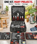 Top Shelf 899 Piece Rolling Toolbox Set With Four Deep Compartments For Tough Home Repairs Garage Mods Diy Fixes And Everyday Handyman Grindin In Sleek Black Finishing showing organized tools.