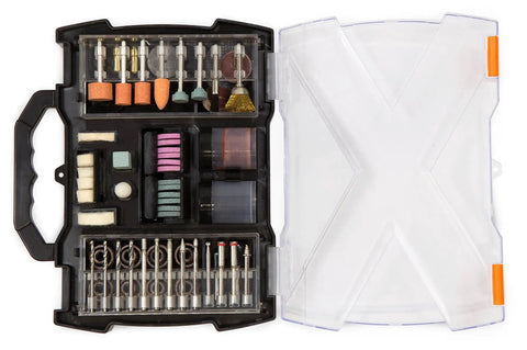 Heavy Hitter Rotary Tool Accessory Kit With 150 Badass Bits For Sanding Carving Deburring Cutting Polishing Rust Removal Stores Snug In A Nifty Carrying Case showing organized bits and accessories.