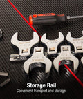 One Half Inch Drive Jumbo SAE Crowfoot Wrench Set From One Inch To One And Three Eighths Inch Go-To Tool For Tight Spaces And Easy Fastener Access Fully Polished Chrome Plated Seven Piece With Storage Rail visible with storage rail