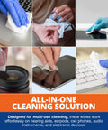 Six-panel collage showing hearing aid cleaning wipes used on devices: phone, tablet, glasses; blue-gloved hands.