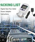 Packing list with Portable Digital Thermal Mass Flow Meter With Quarter Inch NPT Threads, adapter, instructions in industrial setting.