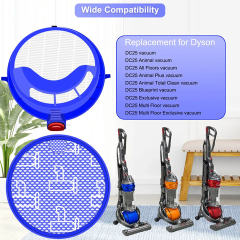 HEPA Replacement Filter For DC25 Upright Vacuum Cleaner Washable compatible with multiple Dyson models shown with vacuums.