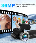 4K Video Camcorder For YouTube Vlogging, 36MP Photos, 18x Digital Zoom, 3 Inch IPS Flip Screen, displayed with film reel.