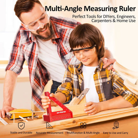 Father and son using Mini 3D Multi Angle Measuring Square Ruler for Woodworking Pro Grade 0 to 90 Degree Carpenter Square Aluminum Alloy Layout Tool with Imperial Scales Scribing Holes and Pencil Refills Included in workshop.
