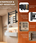 Image of Electric Towel Warmer Wall Mounted 6 Bar Heated Towel Rack with Smart Timer and Temperature Control, black aluminum, in bathroom.